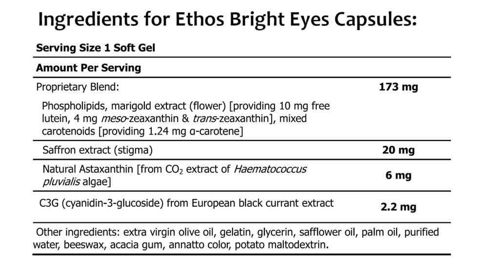 Ethos Bright Eyes Super Zeaxanthin and Lutein Capsules ethosVision